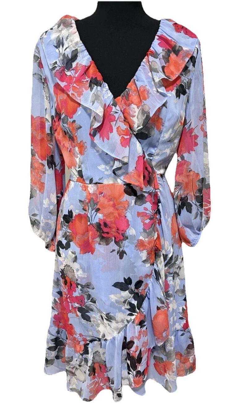 Adrianna Papell Floral Chiffon Ruffle Faux Wrap Midi Dress Blue Pink Size 4